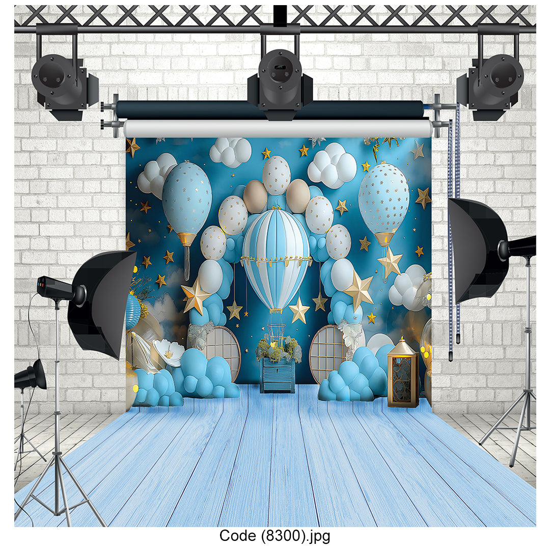 Blue Hot Air Balloon Kids Celebration Photography Backdrop Premium Canvas - 8300