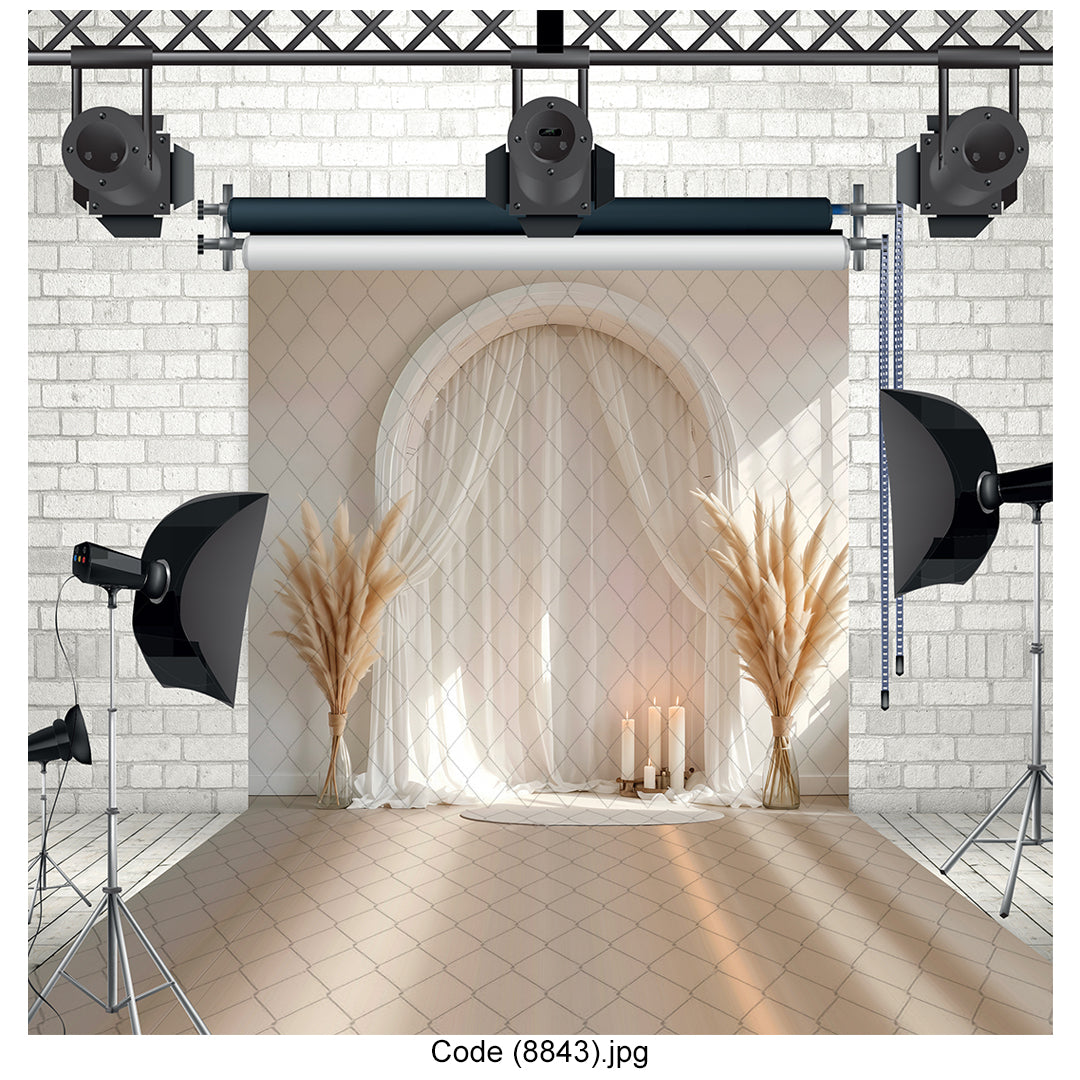 Boho Archway Backdrop Pampas Grass & Sheer Drapes 8843