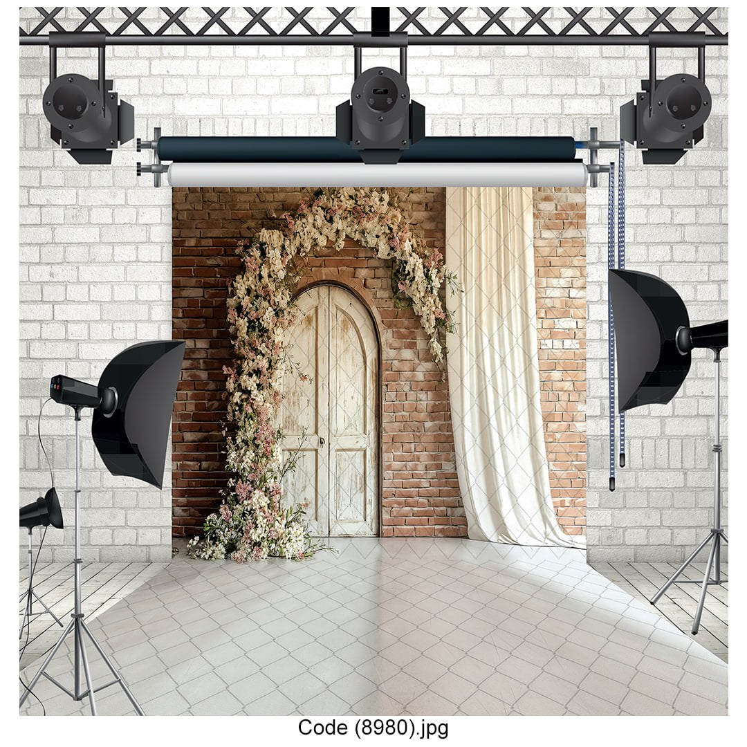 Brick Wall Floral Arch Photography Backdrop Rustic Wedding Decor - 8980