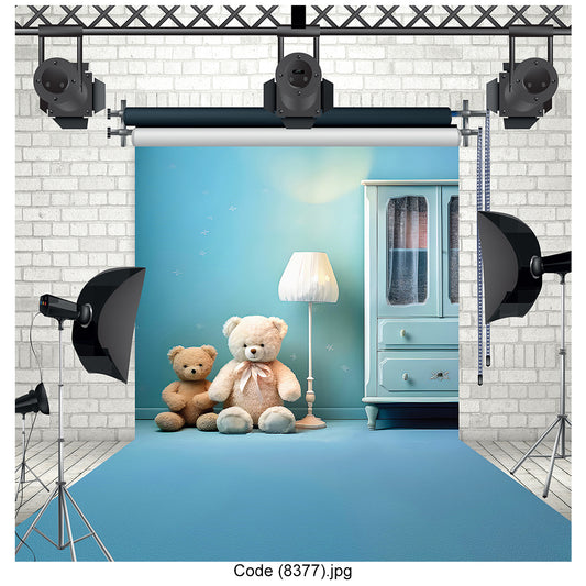 Cozy Blue Room with Teddy Bears Photography Backdrop Canvas - 8377