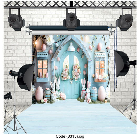 Easter Bunny Pastel Blue House Photography Backdrop Canvas - 8315