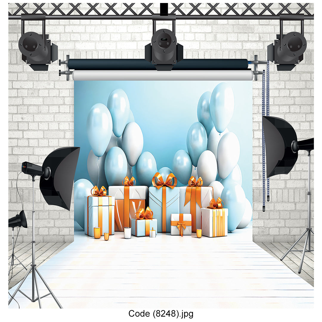 Elegant Blue Balloons & Gift Boxes Photography Backdrop 8248