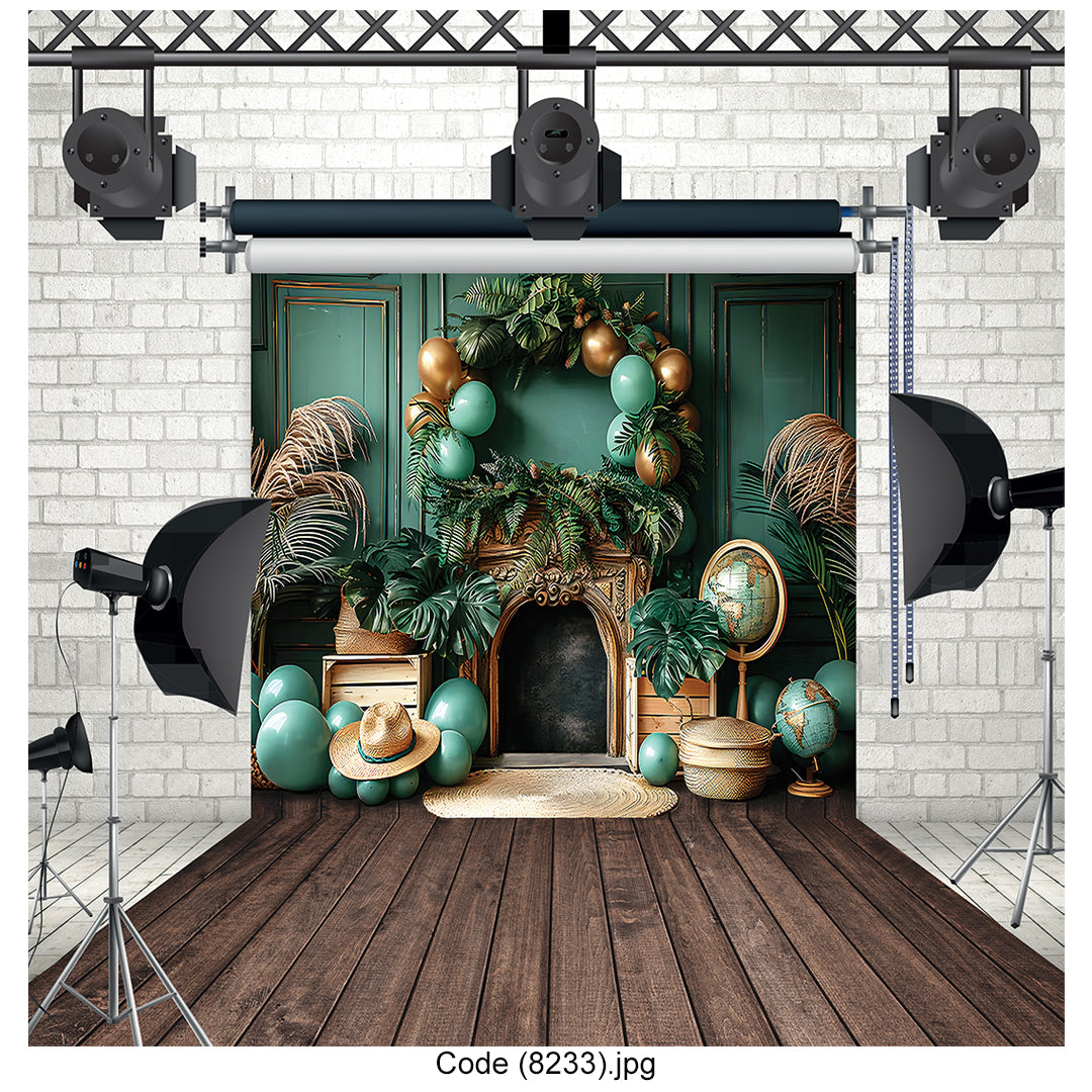 Elegant Green and Gold Fireplace Studio Photography Backdrop 8233