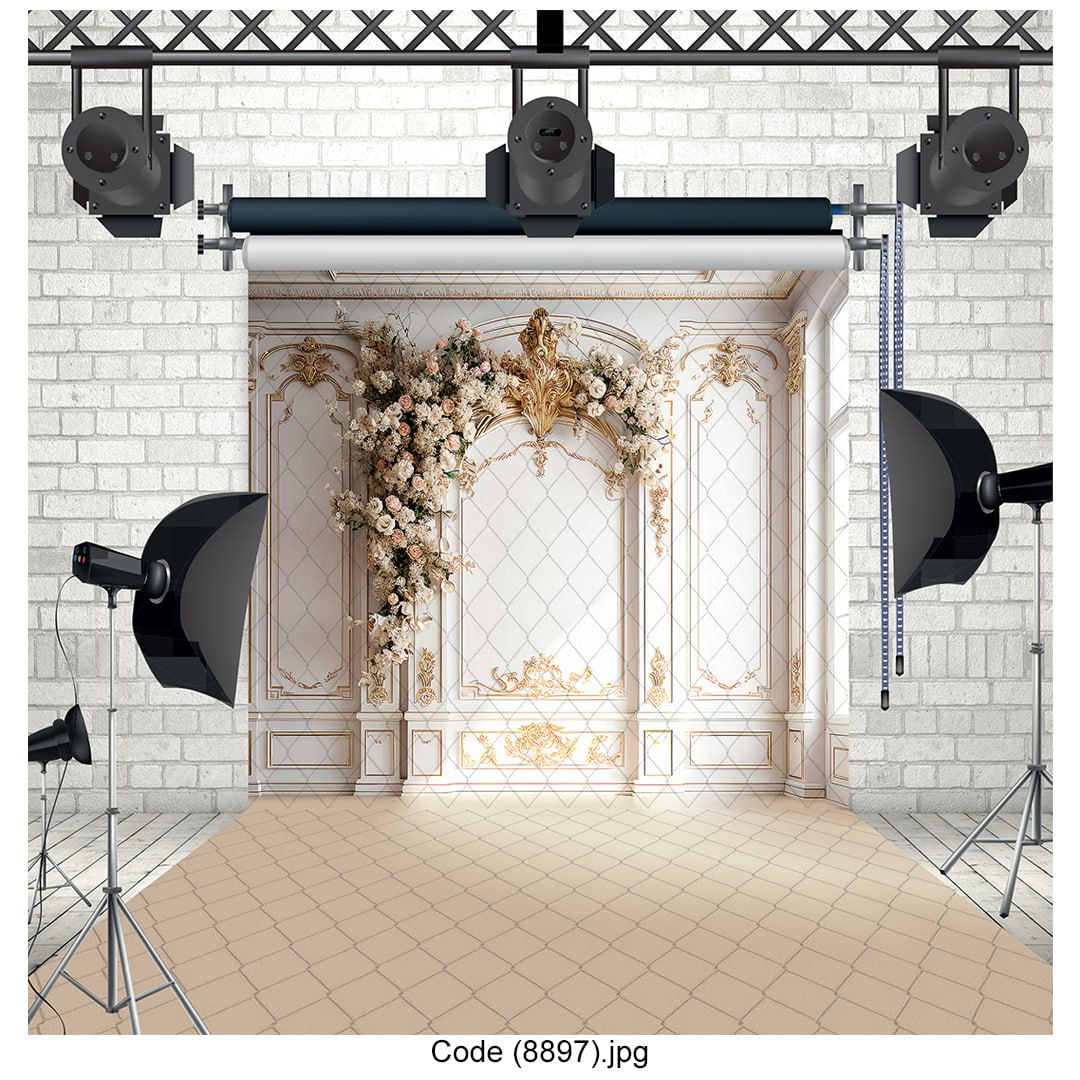 Elegant White & Gold Floral Arch Photography Backdrop 8897