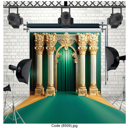 Emerald Palace | Luxurious Green & Gold Columns Studio Backdrop