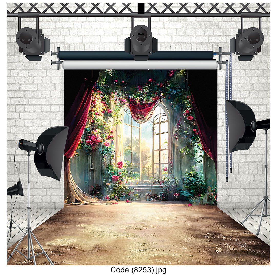 Enchanting Floral Window Garden Scene Photography Backdrop 8253