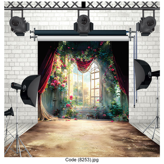 Enchanting Floral Window Garden Scene Photography Backdrop 8253