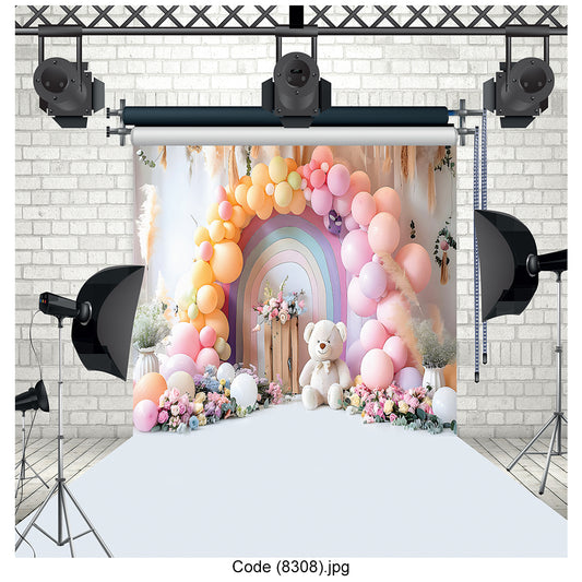 Floral Balloon Arch Pastel Teddy Bear Photography Backdrop - 8312