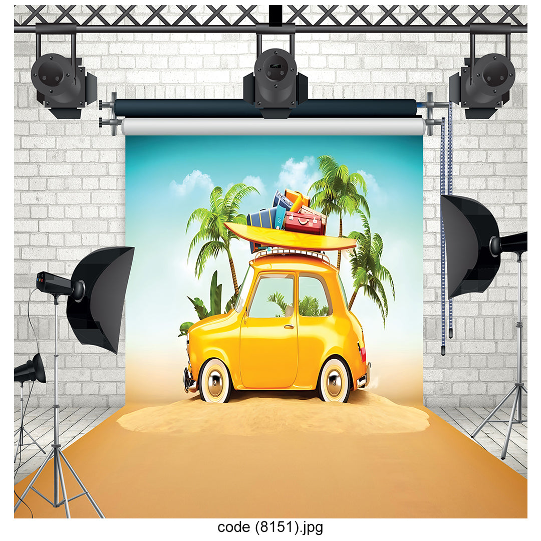 Fun Yellow Retro Car Beach Photography Backdrop 8151