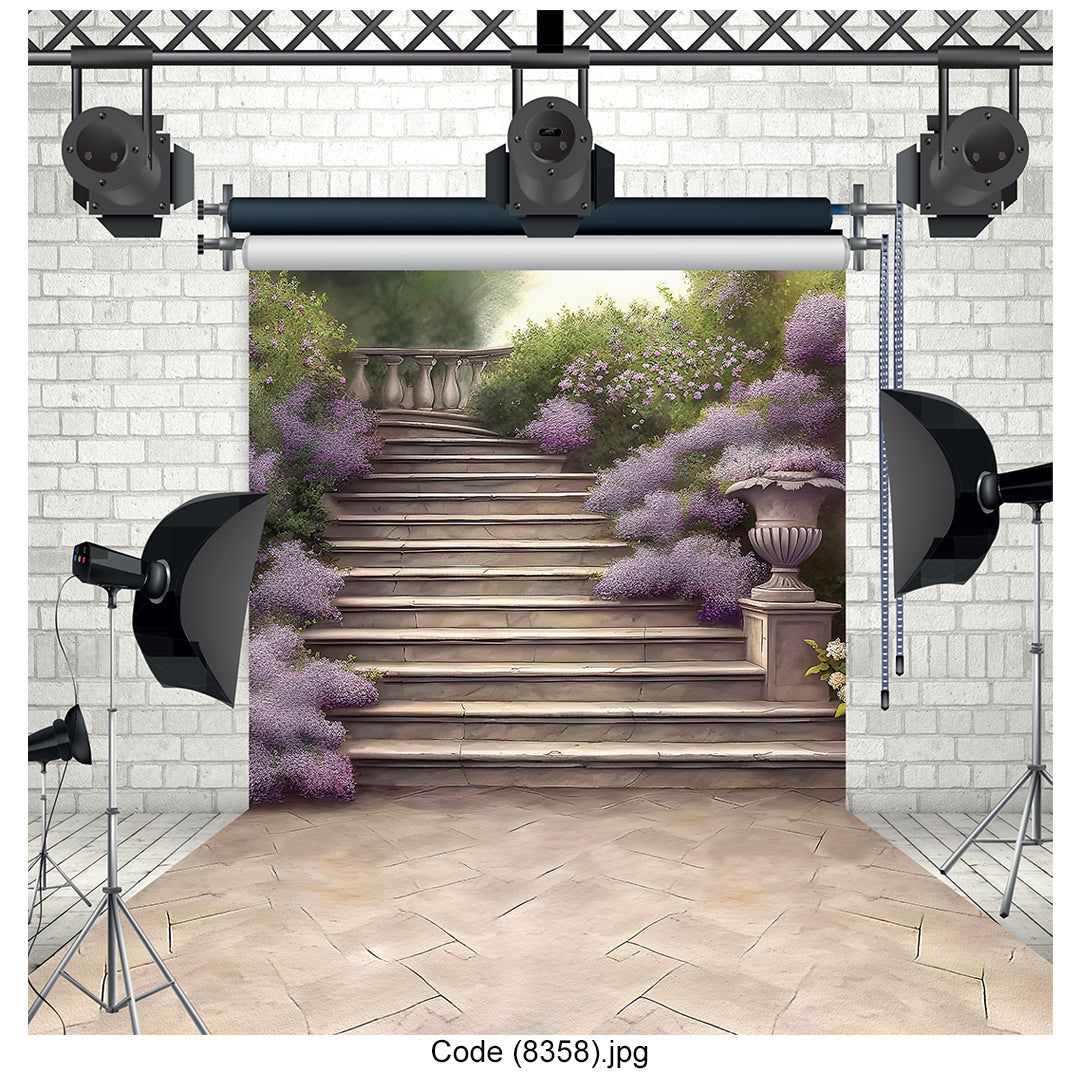 Garden Staircase Photography Backdrop Floral Romantic Wedding Decor - 8358