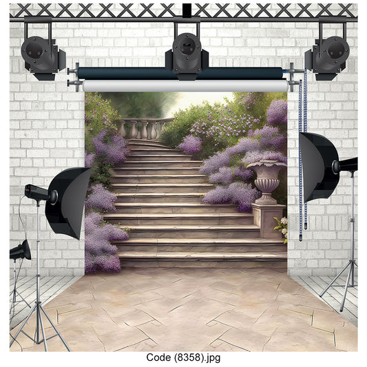 Garden Staircase Photography Backdrop Floral Romantic Wedding Decor - 8358