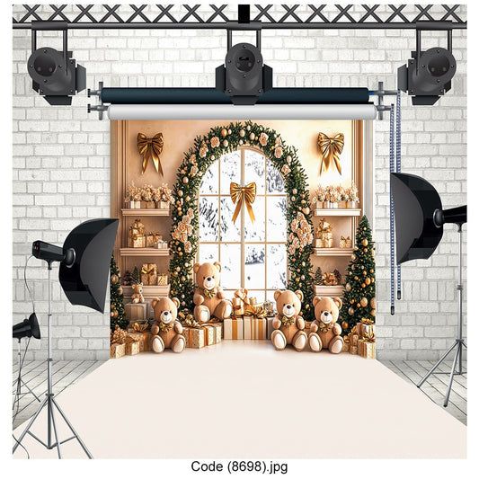 Golden Teddy Bear Christmas Backdrop 8698