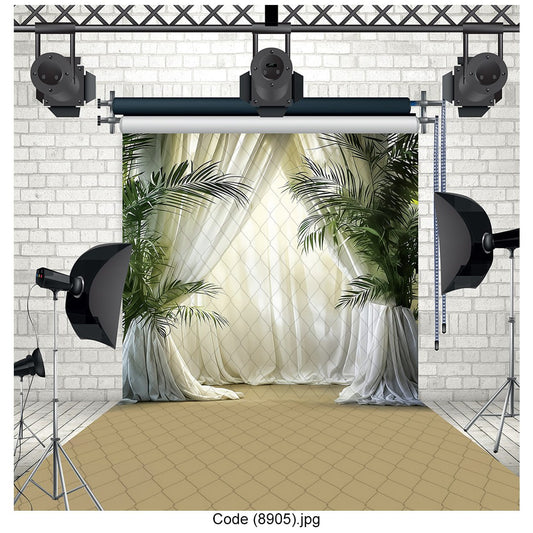 Lush Palm & Draped White Curtains Backdrop 8905