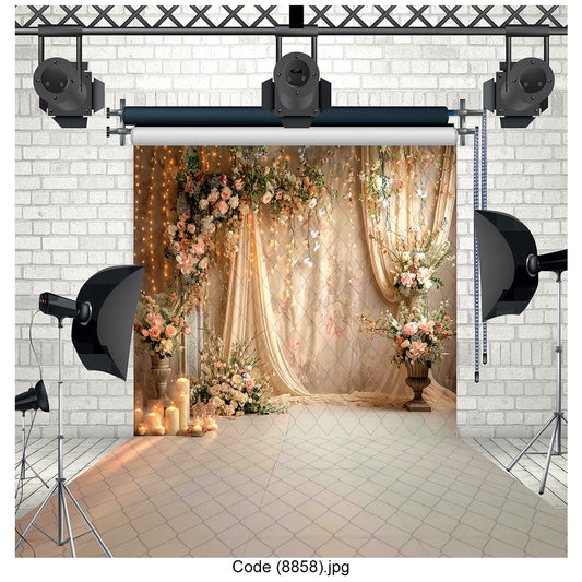 Luxury Floral Wedding Backdrop with Soft Golden Drapes & Fairy Lights 8858