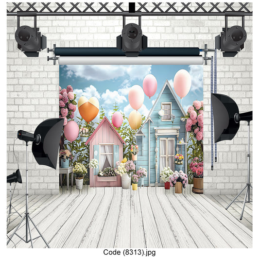 Pastel Balloon & Floral Village Photography Backdrop Premium Canvas - 8313