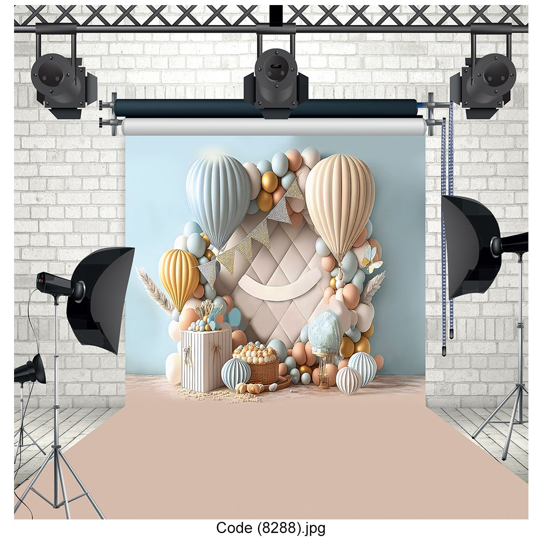 Pastel Celebration Balloons & Hot Air Balloon Backdrop Canvas - 8288