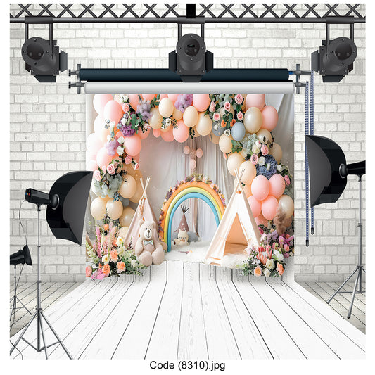 Pastel Rainbow & Teepee Birthday Party Photography Backdrop - 8310