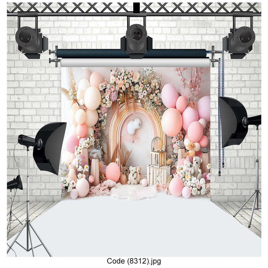 Pastel Teddy Bears & Floral Balloon Arch Backdrop Canvas - 8312