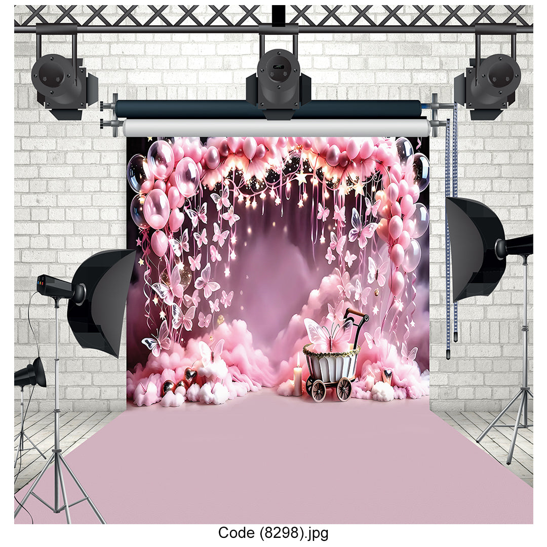 Pink Butterfly Balloon Fantasy Scene Photography Backdrop 8298