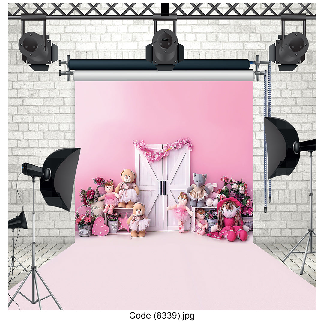 Pink Doll & Teddy Bears Birthday Photography Backdrop Canvas - 8339