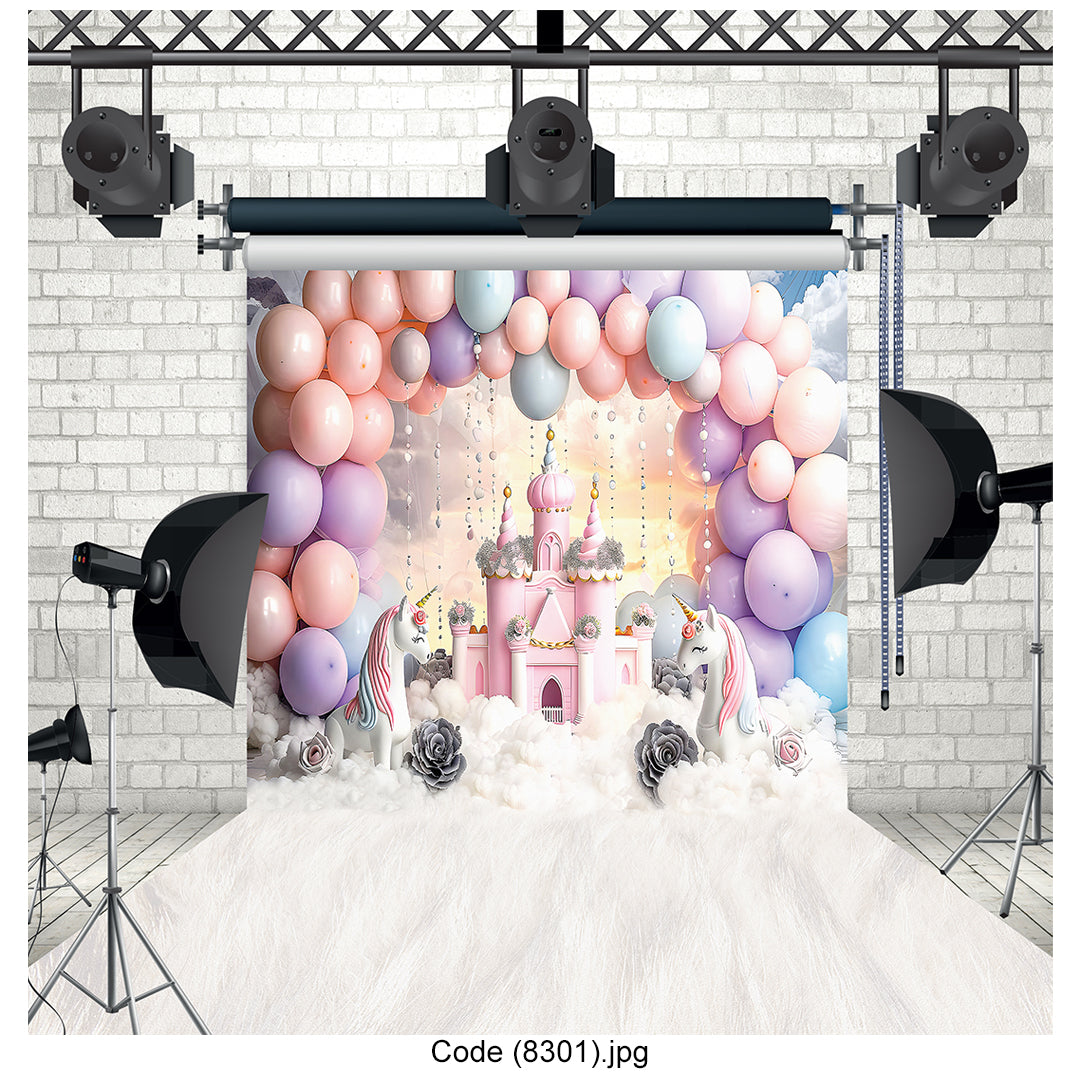 Pink Unicorn Castle Birthday Photography Backdrop Premium Canvas - 8301