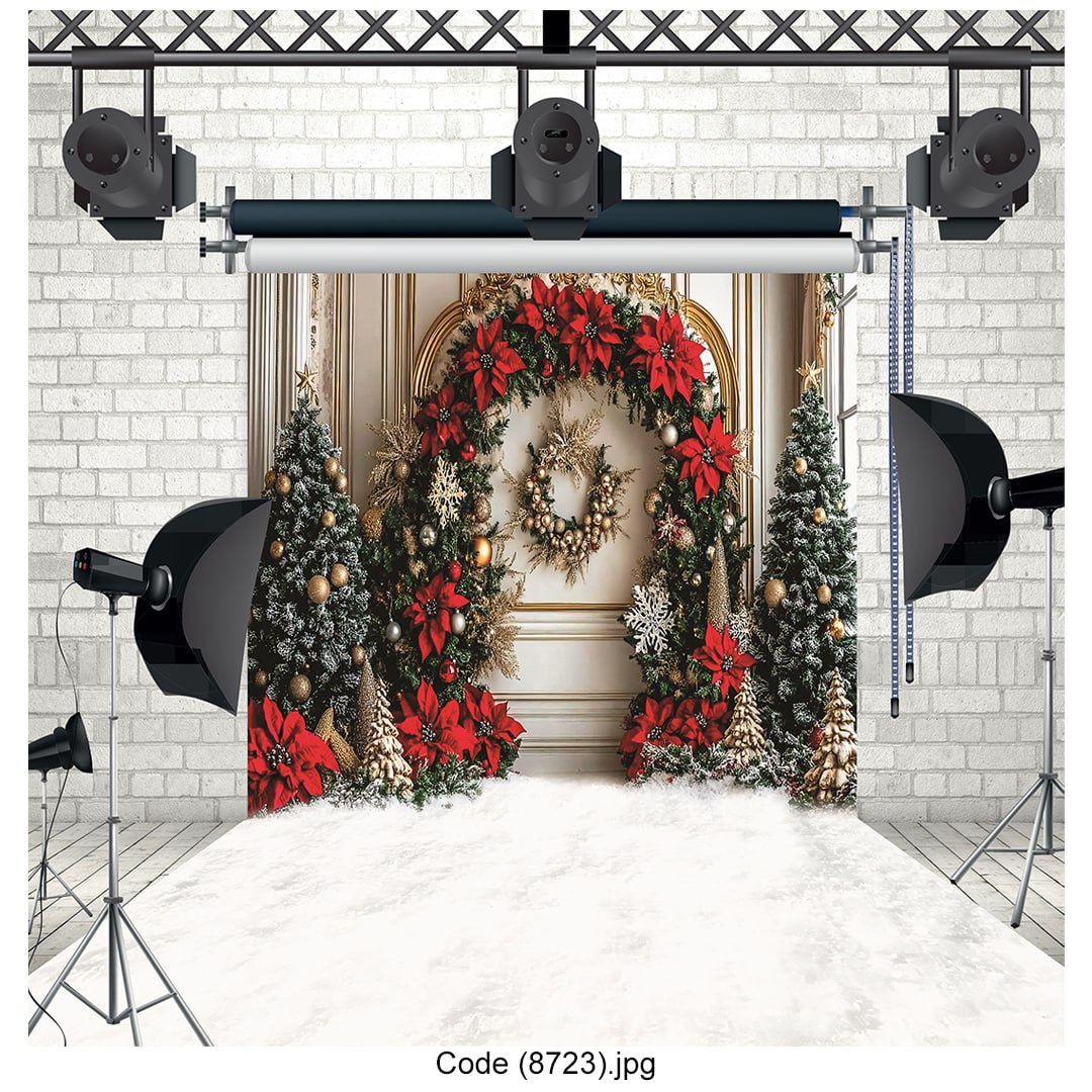 Poinsettia Christmas Wreath Backdrop 8723