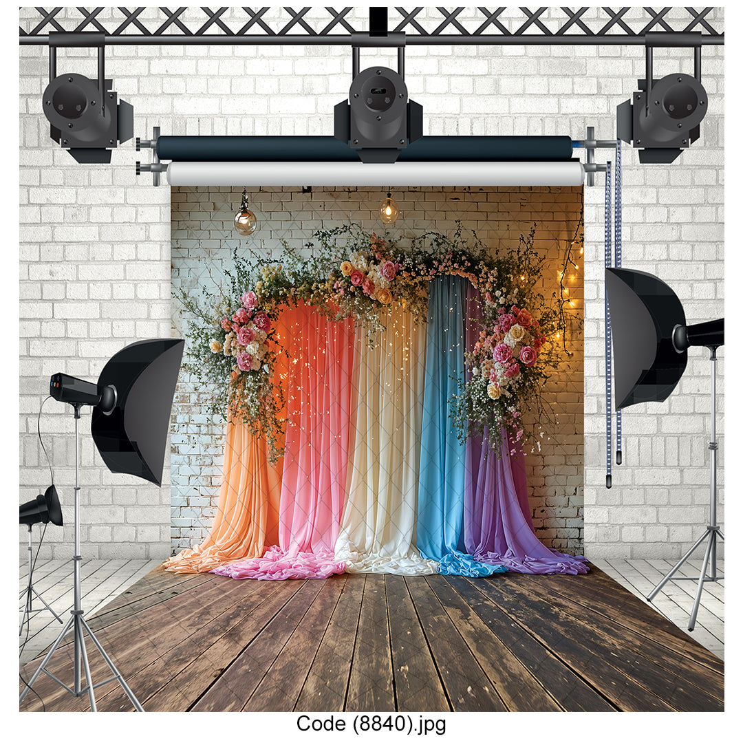 Rainbow Draped Floral Backdrop Vibrant Multicolor 8840