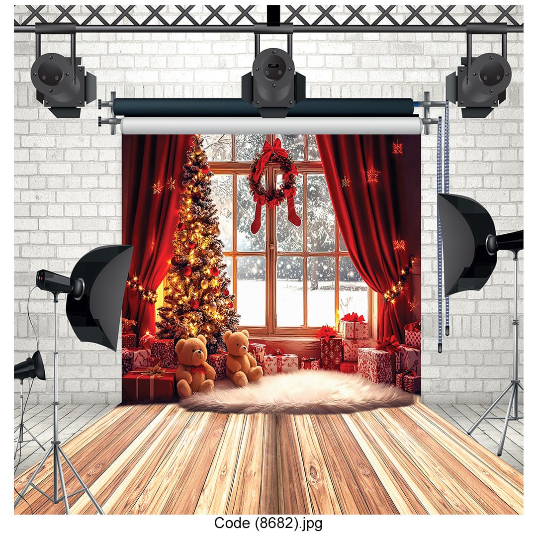 Red Christmas Window Backdrop 8682