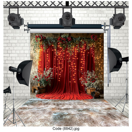 Red Velvet Curtain Backdrop with Hanging Lights 8842