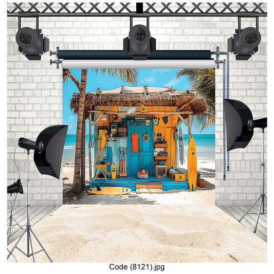 Retro Surfing Shack Tropical Beach Photography Backdrop 8121