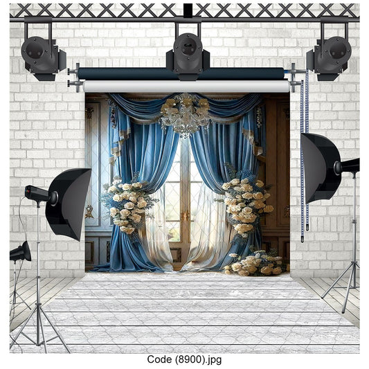 Royal Blue & Gold Draped Window Backdrop 8900