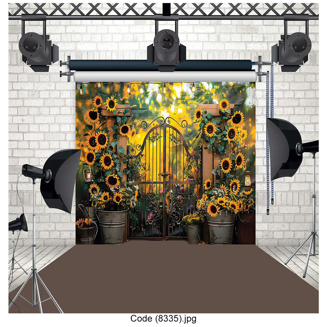 Sunflower Garden Gate Photography Backdrop Premium Canvas - 8335