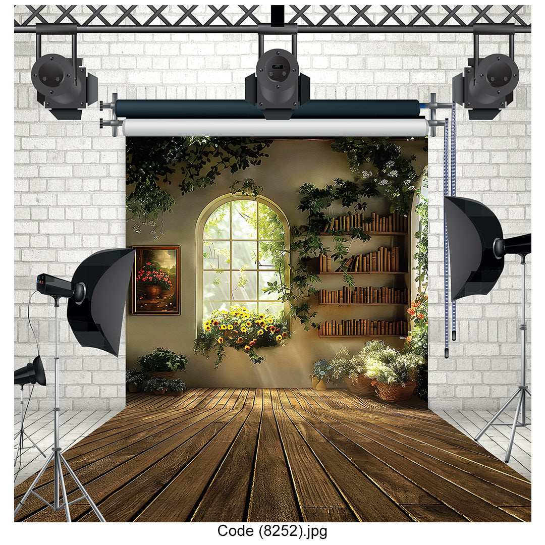 Sunny Vintage Library and Garden Window Photography Backdrop 8252