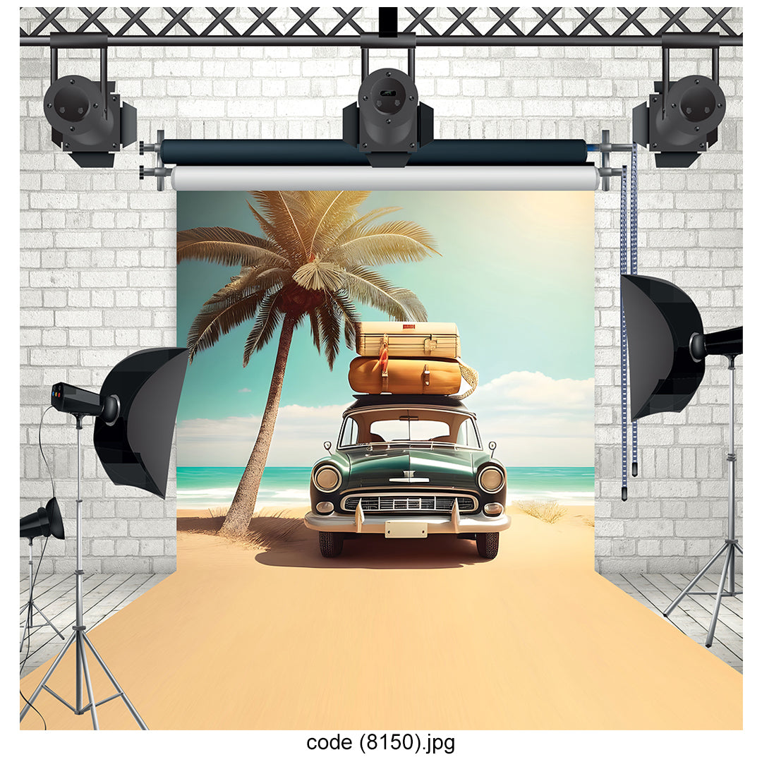 Vintage Car Tropical Beach Photography Backdrop 8150