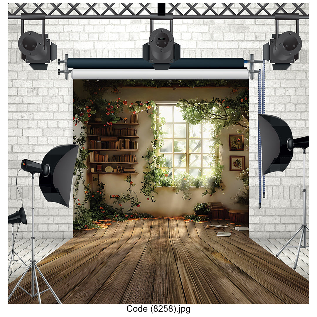 Vintage Library Window with Greenery Studio Photography Backdrop 8258