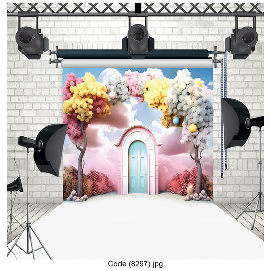 Whimsical Pastel Door with Cloud Trees Photography Backdrop - 8297